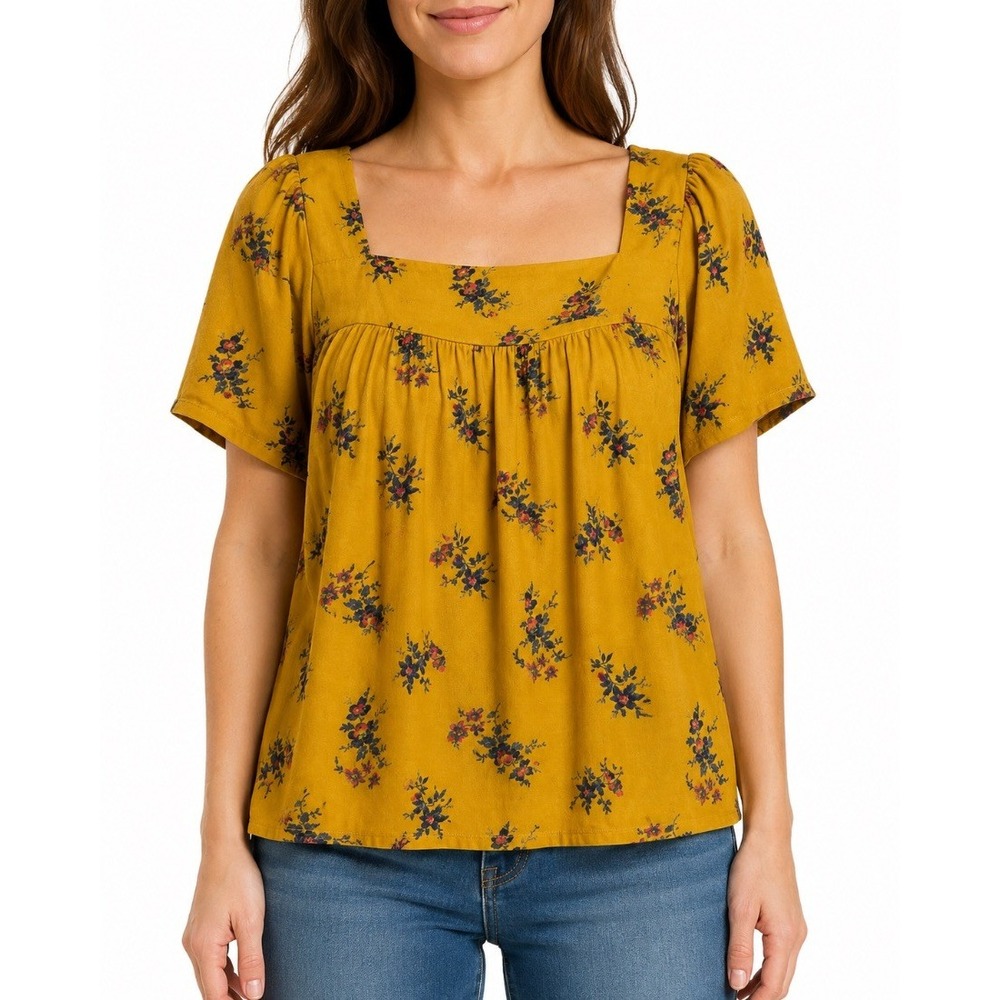 Lucky Brand Womens Floral Blouse Top Mustard Yellow Square Neck Short Sleeve L